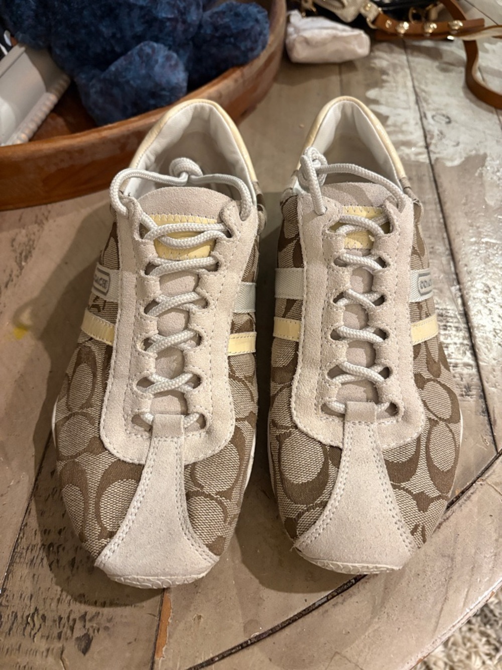 Coach Khaki & Cream Signature Monogram Sneakers with Yellow Accents